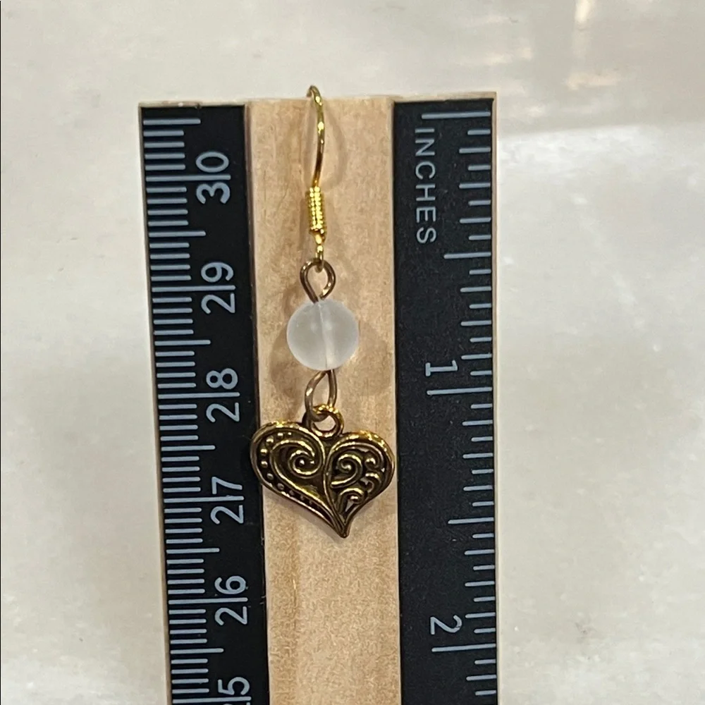 Ornate Gold Heart Earrings with Frosted Beads
